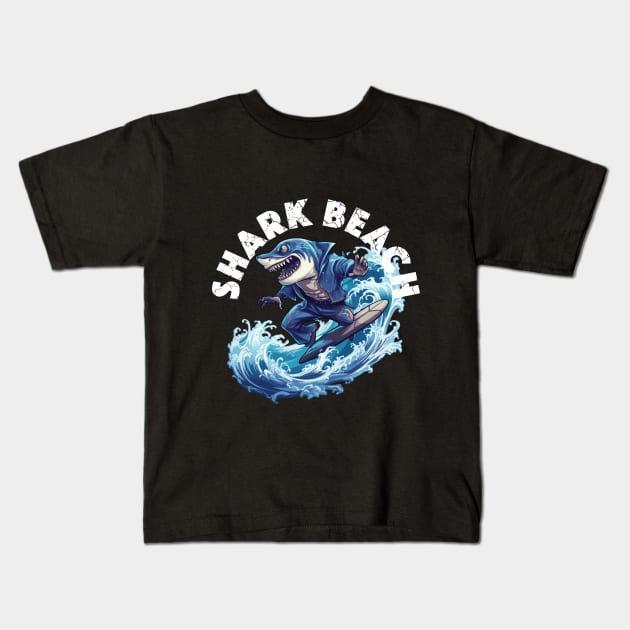 Shark Surfing - Shark Beach (White Lettering) Kids T-Shirt by VelvetRoom